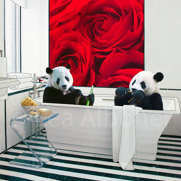 Pandas and roses, Metal Print