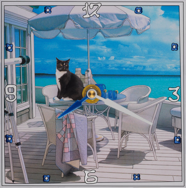 Tropical porch and tuxedo cat  Collage Clock
