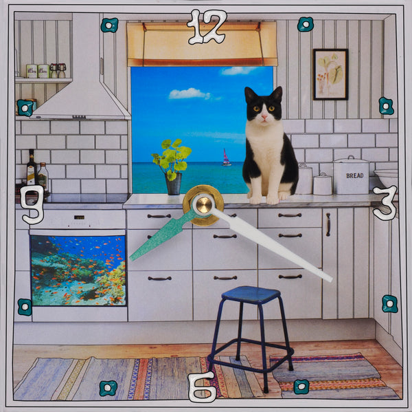 A Tuxedo cat in the kitchen, Collage Clock