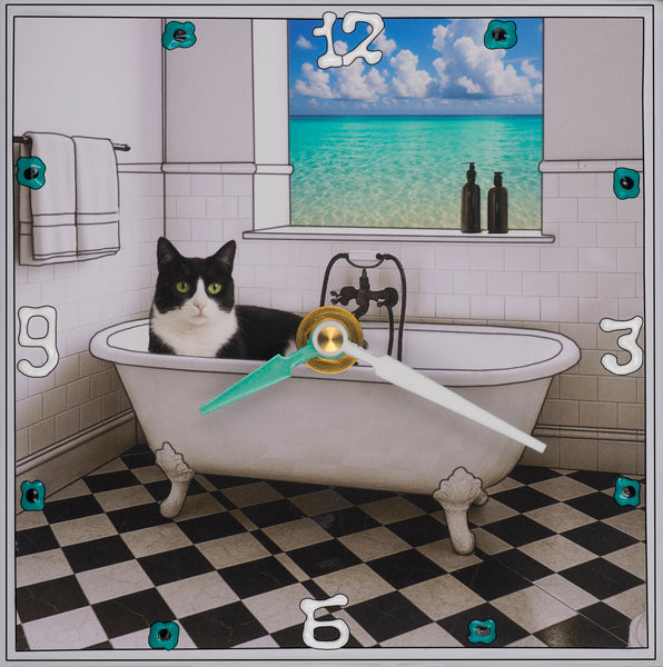 Tuxedo Cat In The Tub, Collage Clock